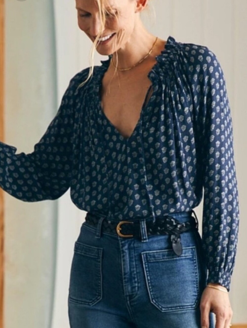 Faherty Navy Blue Floral Print Long Sleeve Blouse